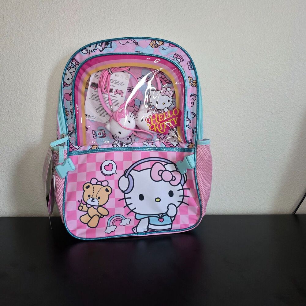 Sanrio Hello Kitty 4 Piece Backpack Set 17 Inch Lunch Tote Headphones Dangle NWT